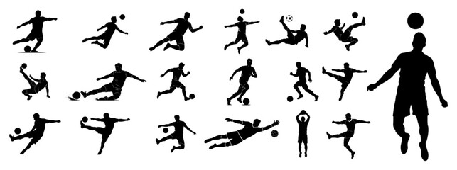 Big set of soccer player silhouettes. Football player collection in different action poses. Goalkeeper and field player vector graphic elements. Sport game athlete icons isolated on white. © Camel