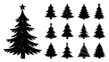 Set of Christmas tree silhouettes. Collection of fir and pine trees in various styles. Grunge and simple winter holiday vector icons. New Year decoration graphic elements isolated on white.
