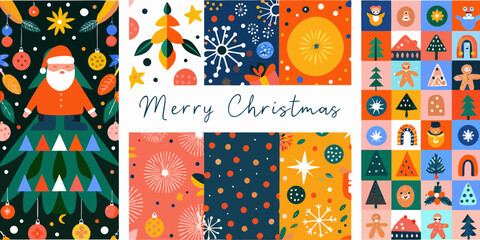 Whimsical christmas collage featuring santa claus festive patterns and merry christmas text