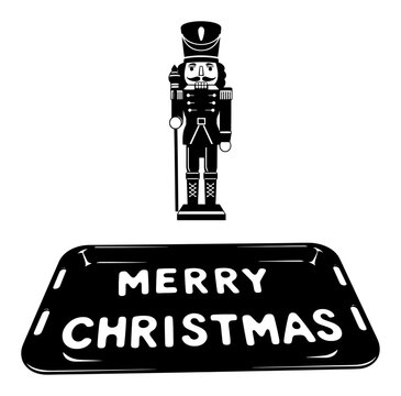 Christmas nutcracker and Merry Christmas sign silhouettes. Set of festive holiday vector icons. Traditional soldier toy and typography design elements isolated on white background.