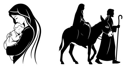 Virgin Mary with baby Jesus and the Flight to Egypt silhouette set. Holy Family traveling on a donkey. Christian Nativity and Christmas story vector illustrations. © Camel