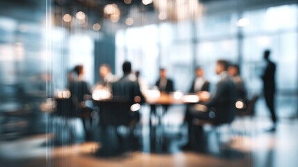 abstract blurry image of business people in a corporate meeting room setting