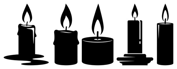 Set of burning candle silhouettes. Collection of various wax candle icons with flames. Vector graphic elements for religious memorial romantic or holiday design themes.