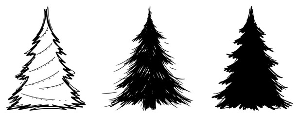 Set of hand drawn Christmas tree illustrations. Vector collection of doodle sketch and silhouette style fir trees for holiday design. © Camel