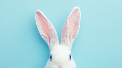 Obraz premium Easter celebration adorable white rabbit ear against a soft pastel blue backdrop