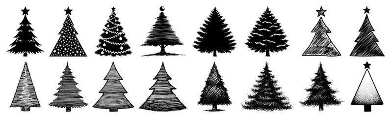 Obraz premium Large collection of hand drawn Christmas trees. Vector set of various sketch doodle and silhouette style fir illustrations.