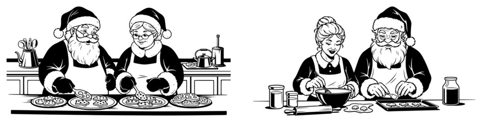Santa and Mrs Claus baking Christmas cookies vector illustration set. Vintage holiday characters in the kitchen.