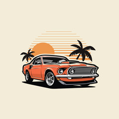 Classic Muscle Car in Summer Beach Vector Illustration Isolated. Best for Automotive Tshirt Design