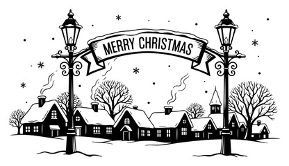 Merry Christmas winter village scene vector illustration. Vintage hand-drawn snowy town landscape with street lamps and banner.