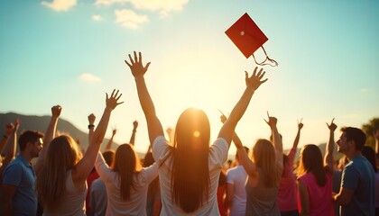 A diverse group of young people joyfully raising their hands in celebration outdoors for International Youth Day
