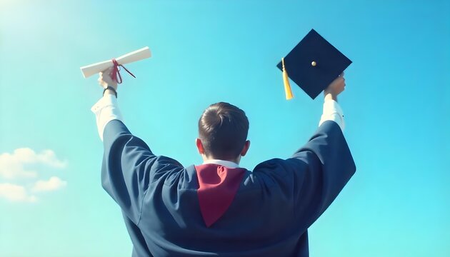 A graduate holds their diploma aloft, celebrating with a diverse group of friends outdoors, representing youth empowerment and unity - Powered by Adobe