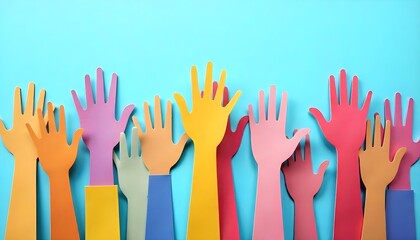 Colorful hands lifted in the air, symbolizing teamwork and compassion in humanitarian efforts on World Humanitarian Day