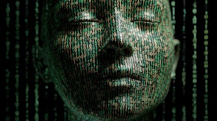head with binary code background