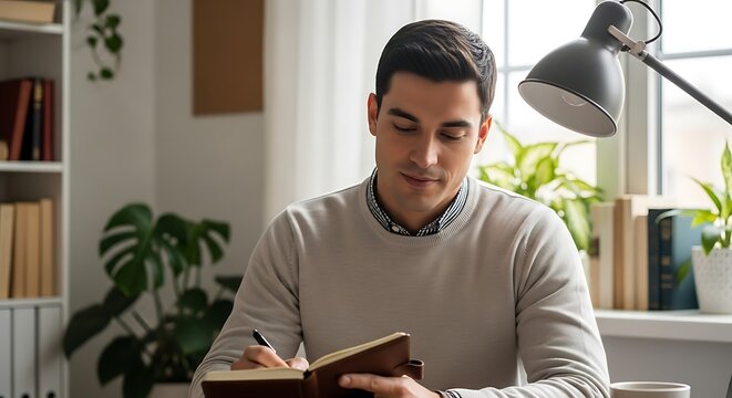 A focused young man sits at his desk writing his thoughts and plans in a journal.