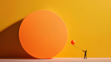 Person Holding Red Balloon Next to Large Orange Circle on Yellow Background