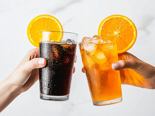 Cheers with Fresh Orange Drinks and Cold Beverages in Glasses