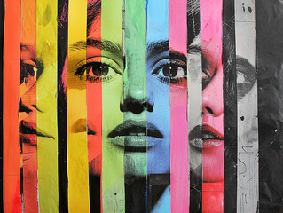 Colorful Artistic Portrait with Abstract Stripes and Mixed Faces