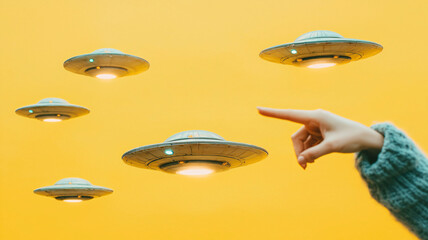 Hand Pointing at Flying Saucers in a Bright Yellow Sky