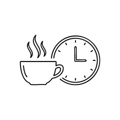 Vector art of a steaming cup of coffee next to a clock, suggesting a coffee break or morning routine