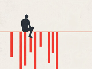 Silhouette of a Man Sitting on a Red Line Over White Background