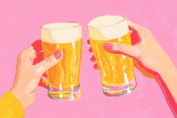 Cheers to Friendship and Celebration with Beer on Pink Background