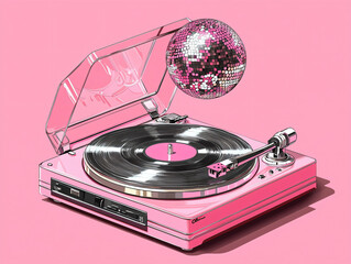 Vintage Turntable with Disco Ball on Pink Background for Retro Vibes