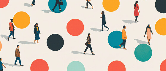 Colorful Background with People Walking Among Bold Circles Design