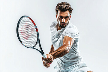 Athletic Male Tennis Player in Action with Racket on White Background