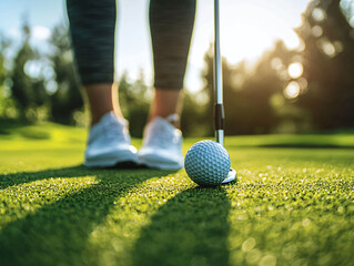 Close-up of Golf Ball on Green Grass with Golfer in Background