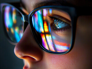 Close-Up of a Person's Face with Colorful Reflections in Glasses