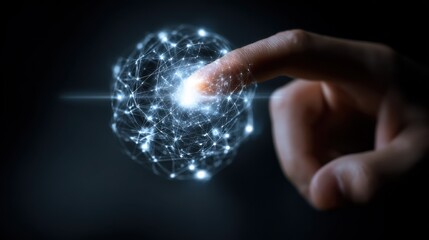 fingertip touches glowing digital network sphere symbolizing connection innovation and future technology in a modern abstract concept