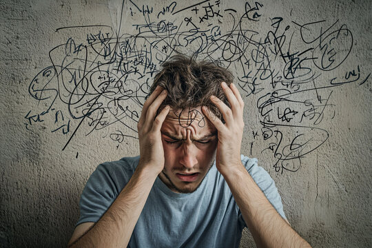 Young Man Struggling with Overwhelming Thoughts and Stress