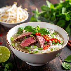 Steaming bowl of soup with noodles, meat, and fresh garnishes