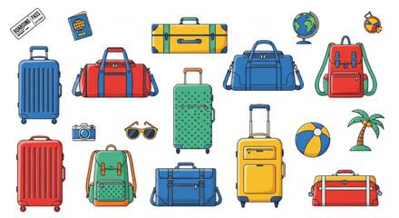A vibrant collection of travel essentials, featuring suitcases, bags, and accessories, , perfect for vacation and adventure themes