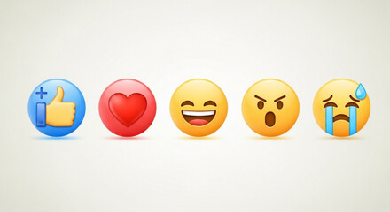 A set of vibrant emoji icons representing a range of emotions, from joy and affection to anger and sadness