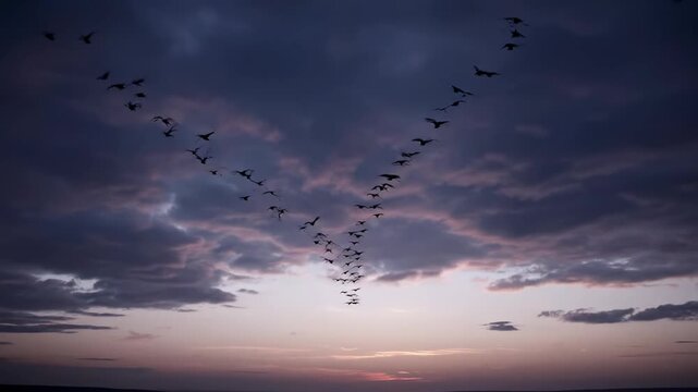 Flock of migratory birds flying in formation against a dramatic cloudy sky at dusk, epic wide shot sunrise, nature, Flock of migratory birds