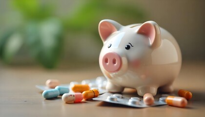 Piggy bank with medicine and pills on a table, emphasizing the connection between wellness and financial planning