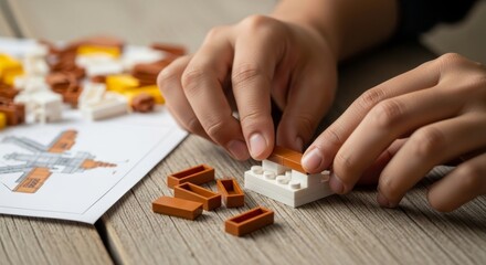 Child Hands Building with Plastic Construction Bricks on Wooden Table