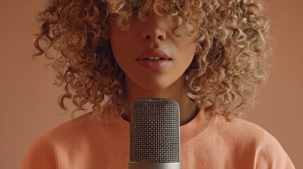 a closeup of an african american woman speaking into the microphone with her face partially obscured by curly hair and wearing a peachcolored tshirt generative ai