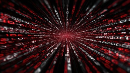 abstract digital code lines of red and gray binary data radiating outward from a central point blurred effect
