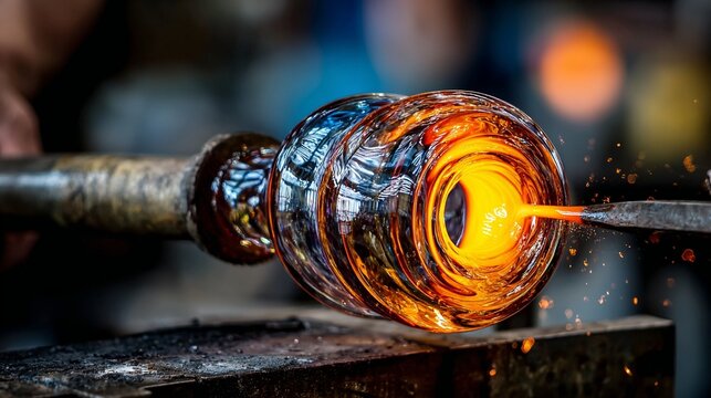 Molten glass being shaped by artist under intense heat - Powered by Adobe