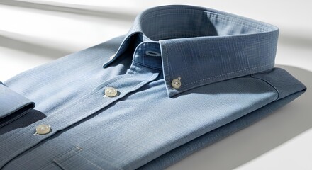 Men’s chambray shirt folded with collar visible, white background, directional soft light emphasizing slub texture.
