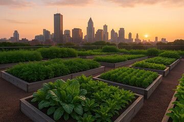 Fototapeta premium A rooftop garden with lush green crops against a city skyline at sunset, showcasing urban agriculture and the beauty of nature in an urban setting.