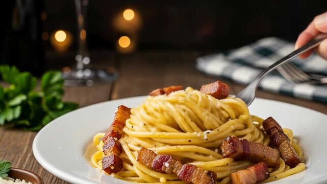 Twirled pasta with crispy bacon and creamy sauce, garnished with herbs