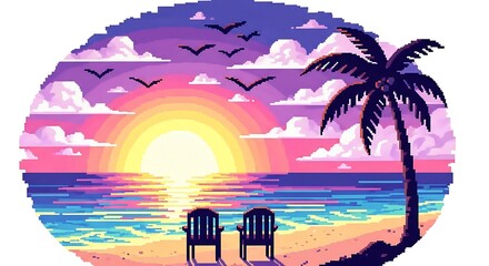 Obraz premium Pixelated paradise: Two chairs on a beach at sunset with palm tree and birds