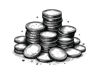 Stacks of coins hand drawn, vintage style sketch, detailed etching, financial savings, money concept, isolated on white background.