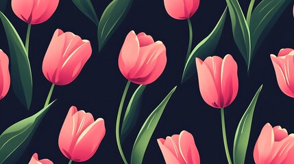 Obraz premium Seamless floral pattern with pink tulip flowers and green leaves on dark background 