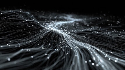 Visual displays flowing particles moving through dark space, creating an illusion of depth and rhythm. The scene captivates with its intricate design and flow.