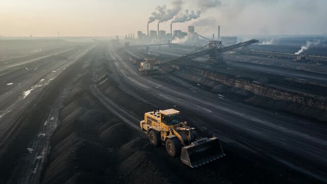 Industrial landscape with bulldozer working on a large construction site during daytime
