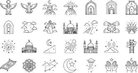 Islamic  Spiritual Line Art Icons: Mosque, Crescent Moon, Stars, Angels, Prophets, Heavenly Journey, Prayer,  Holy Symbols for Muslim Faith  Ramadan Designs
